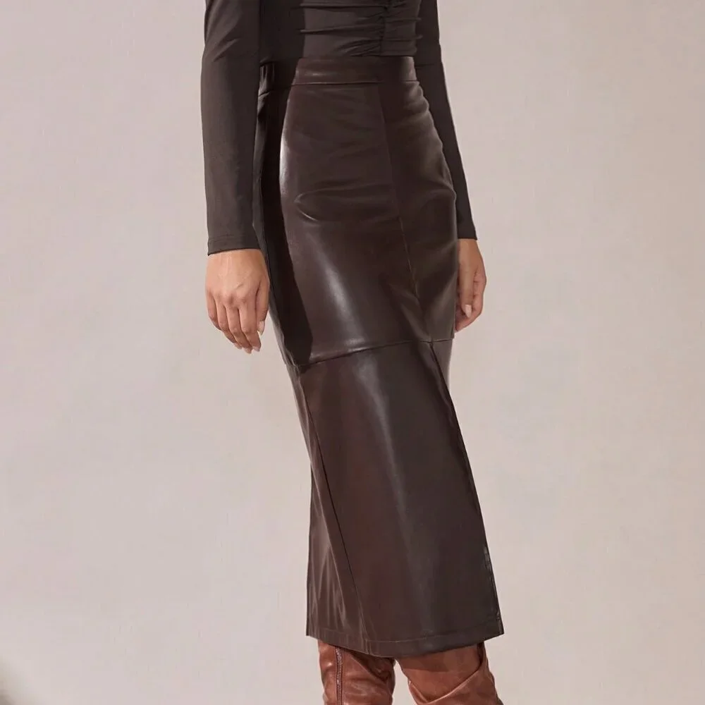 Brown Casual Women's Elegant A-Line Split Hem faux leather Skirt